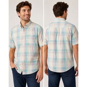 Peter England Mens Medium Plaid Button Shirt Blue Peach Short Sleeve Casual